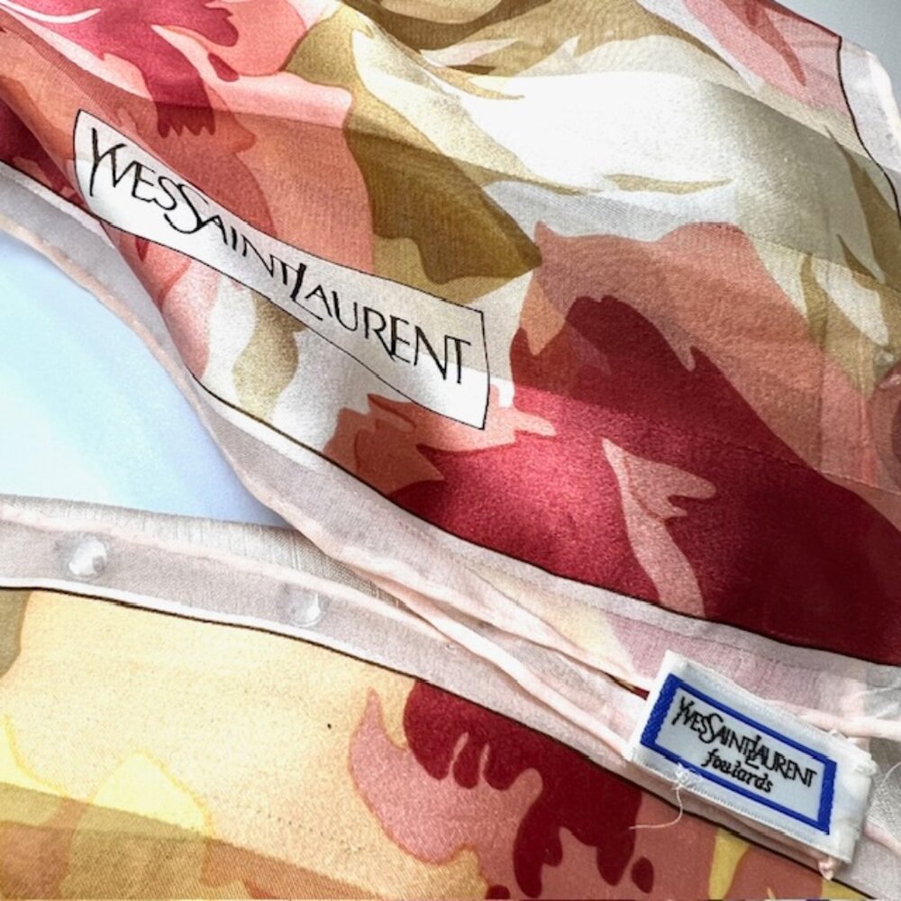 Yves Saint Laurent Scarf Chiffon/Satin Lg 34" 100% Silk light pink Floral (31 - Picture 9 of 13